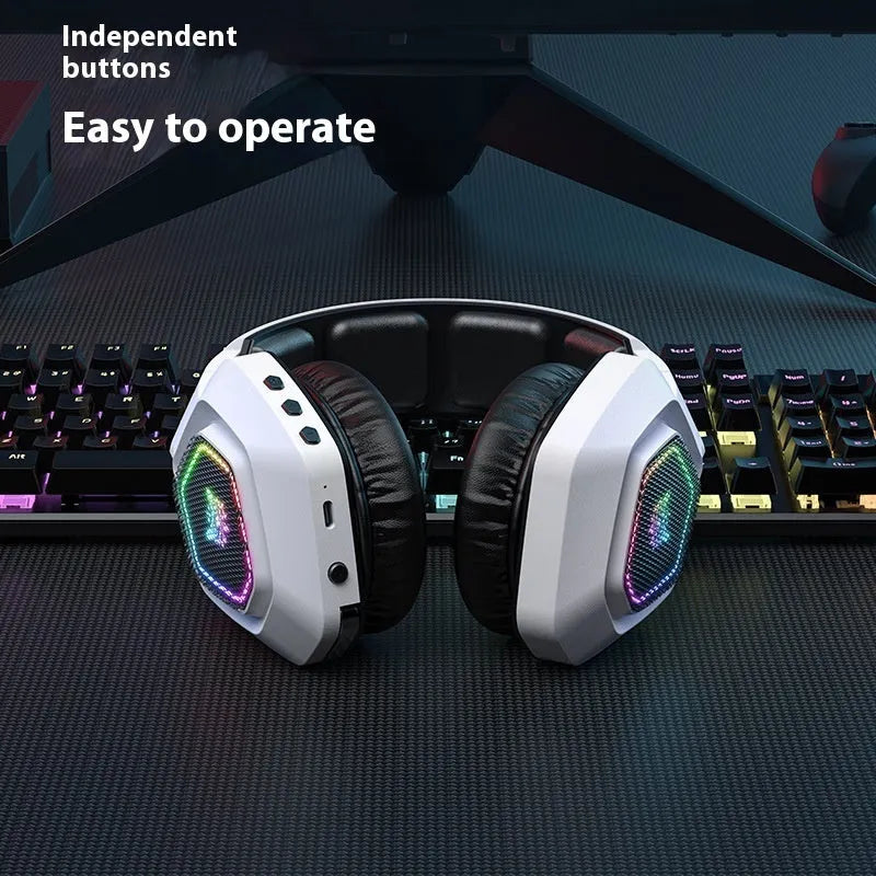 Black and white wireless gaming headset with RGB lighting showing dual connectivity options