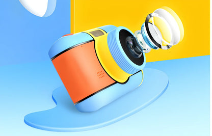 Children's 24MP digital camera in blue, showing 1080P video screen and 600mAh battery compartment, compact for small hands