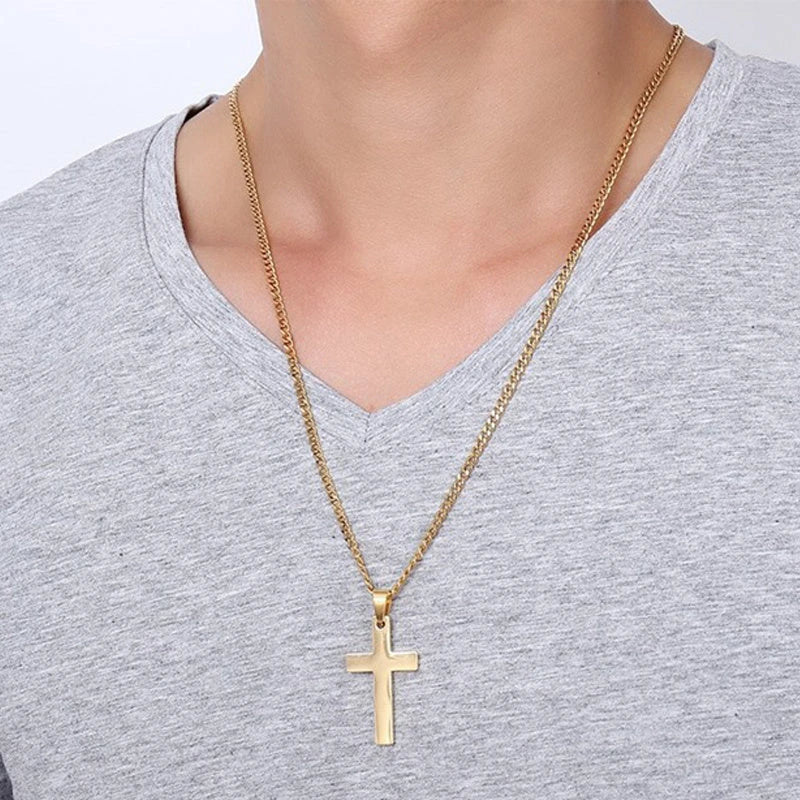 Stainless steel cross pendant necklace for men, available in black, silver, and gold finishes