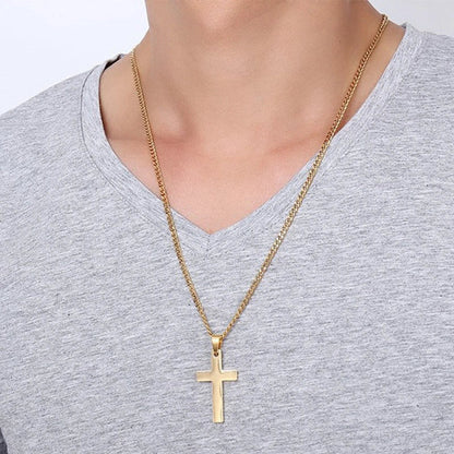 Stainless steel cross pendant necklace for men, available in black, silver, and gold finishes