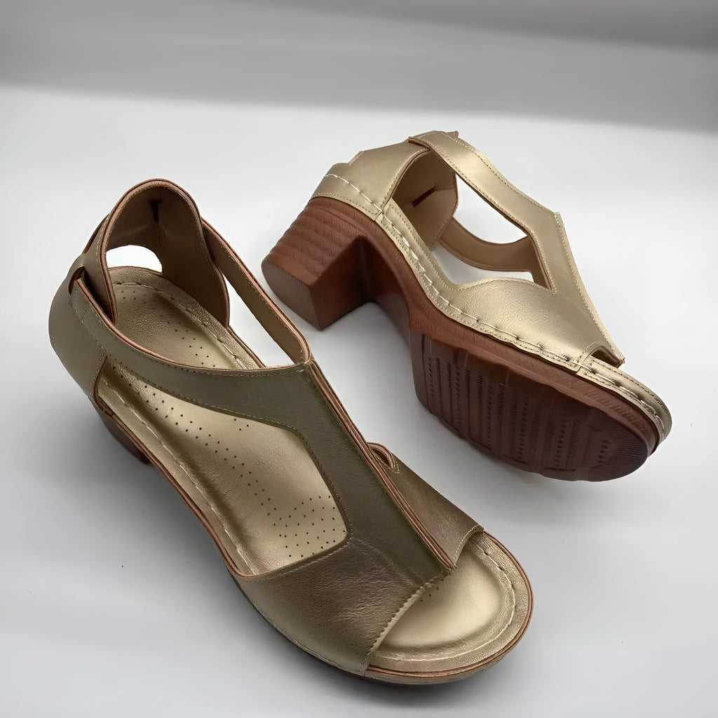 Women's peep toe Roman wedge sandals with buckle strap in light brown