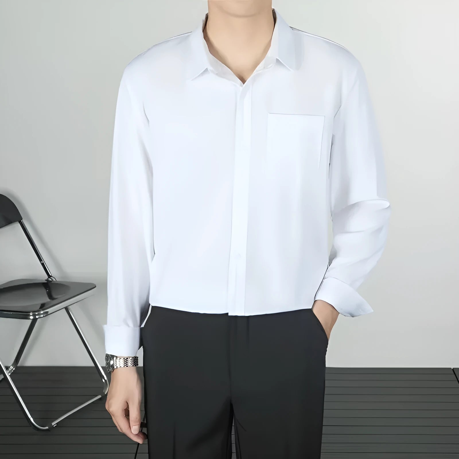Men's loose-fit linen long-sleeved shirt in solid colour with wrinkle-free finish, sizes S to 4XL