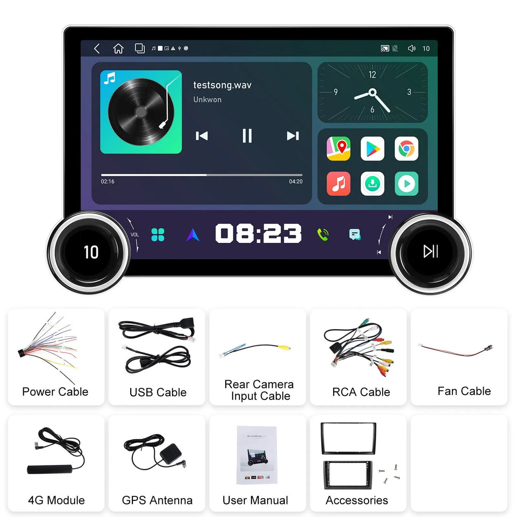 11.8-inch QLED Android car stereo dashboard unit with dual control knobs on screen.