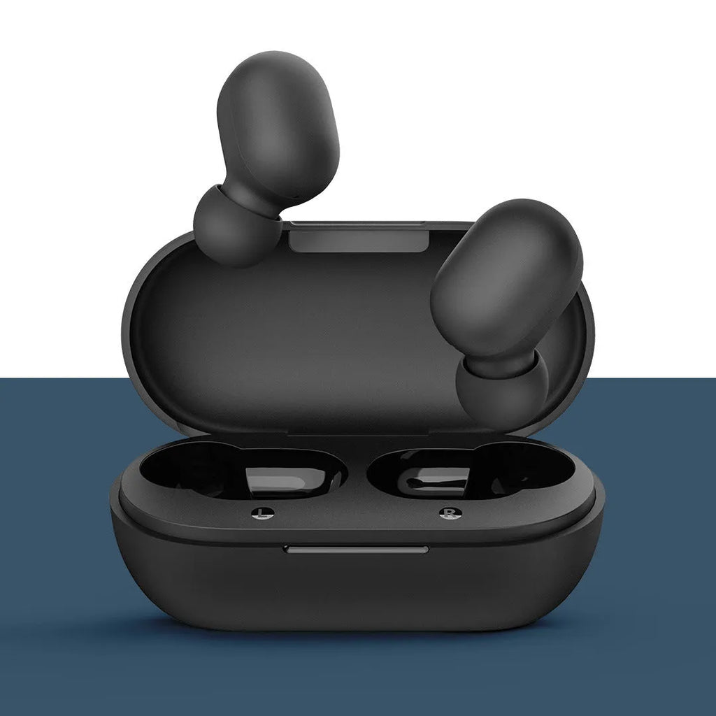 A pair of black true wireless Bluetooth earbuds for stereo sound and hands-free calls.
