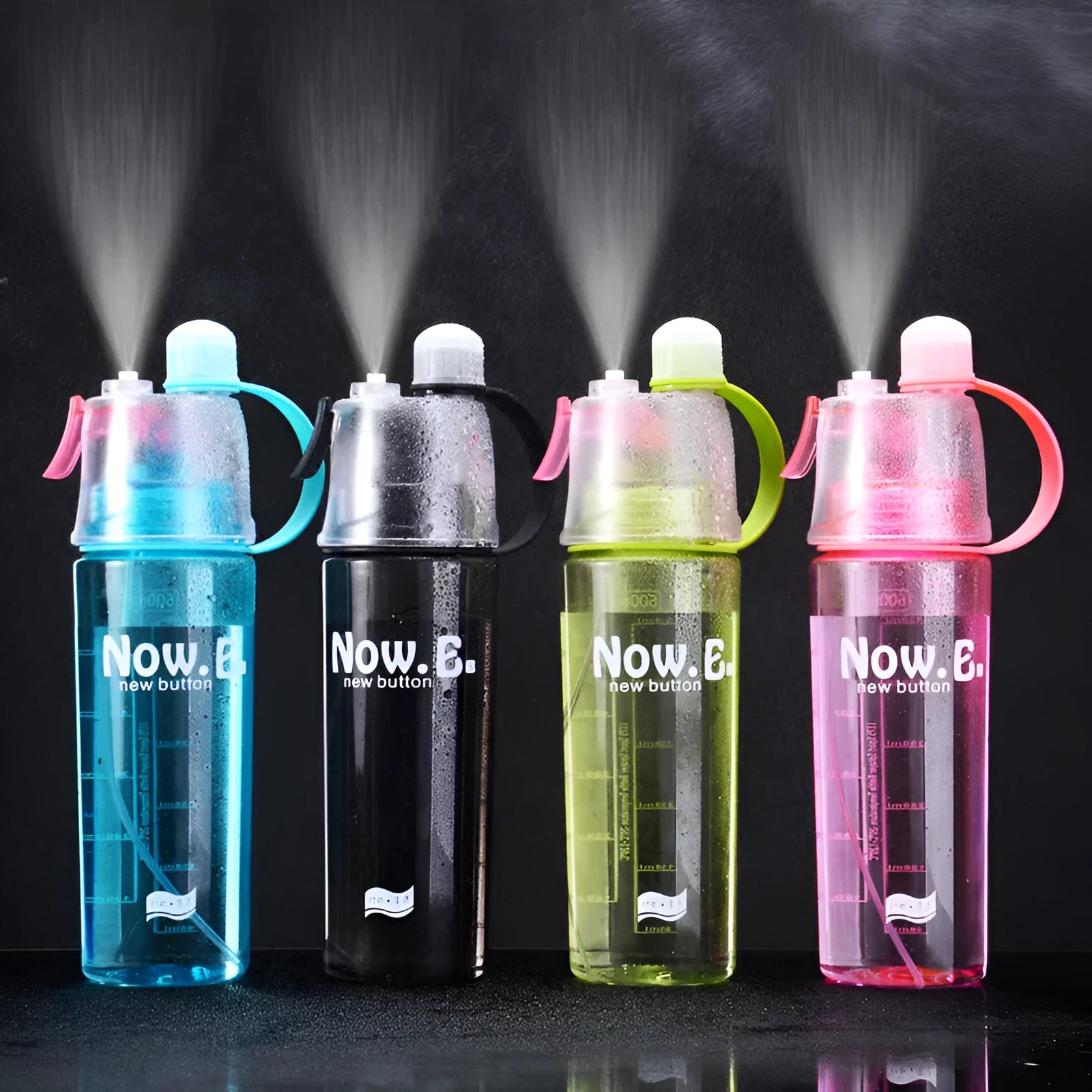 Green portable outdoor mist spray cup with handle, leakproof pad, and visible water level scale.