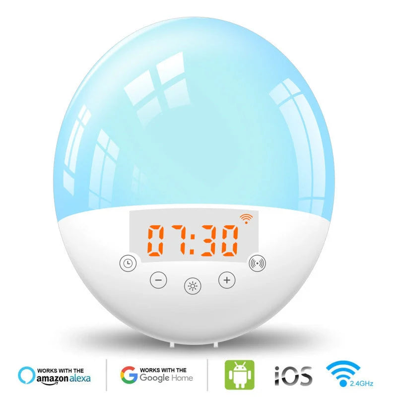 WiFi Voice Control Intelligent Alarm Clock with Sunrise Wake-up Light on bedside table