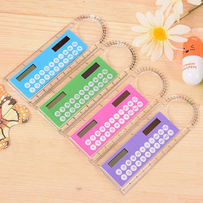 Solar powered mini ruler calculator with transparent touchscreen screen and 8-digit display on a white background