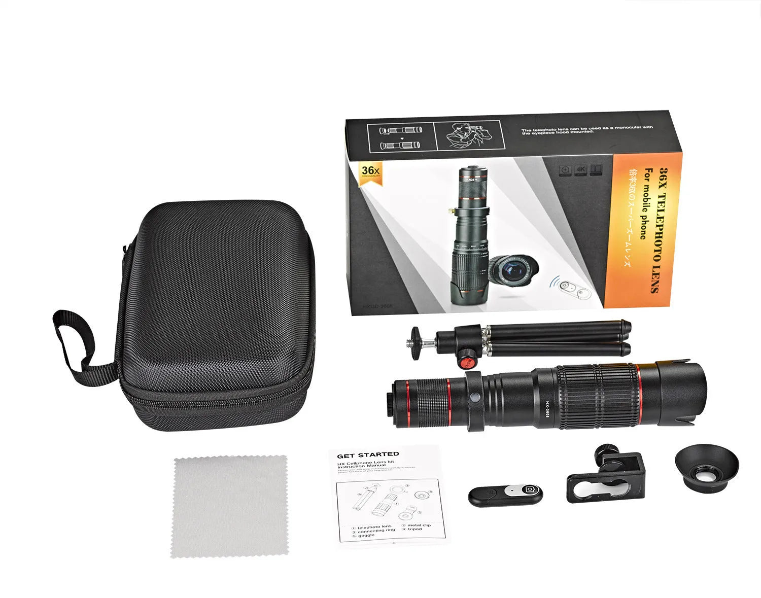 Black 36x telephoto mobile phone telescope with universal clip and carrying pouch on a table.
