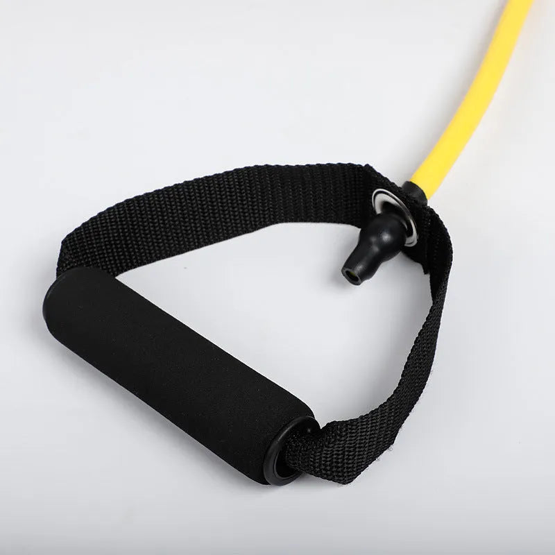 Five colour-coded latex resistance band pull ropes in black, blue, green, purple, red, and yellow on light background