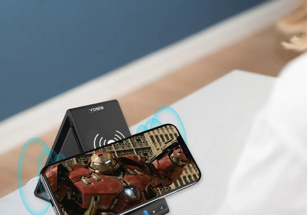 Black multifunctional Bluetooth speaker with built-in phone stand and 2000mAh power bank.