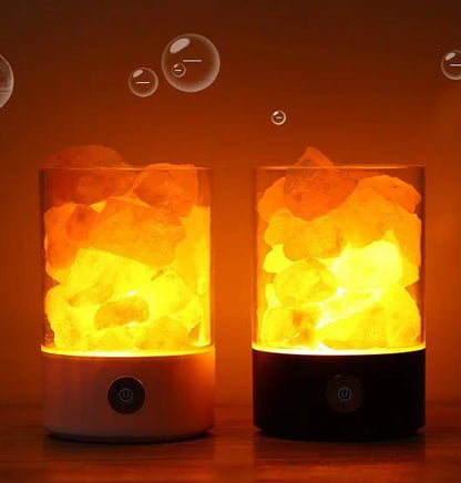 Himalayan salt lamp with natural pink-orange glow, releasing negative ions to purify the air and create a calming, relaxing atmosphere