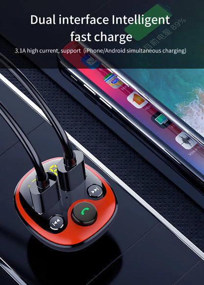 Black car MP3 player with orange LED screen, dual USB ports, 51x45x86mm size for FM transmission and Bluetooth audio