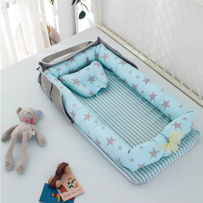 Foldable cotton portable baby crib in Animal World Blue, 90x50 cm with pillow and strap, weighing 1.3 kg