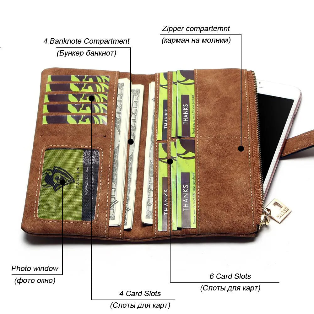 Long matte PU leather wallet for women in vintage colours with zip closure and card slots