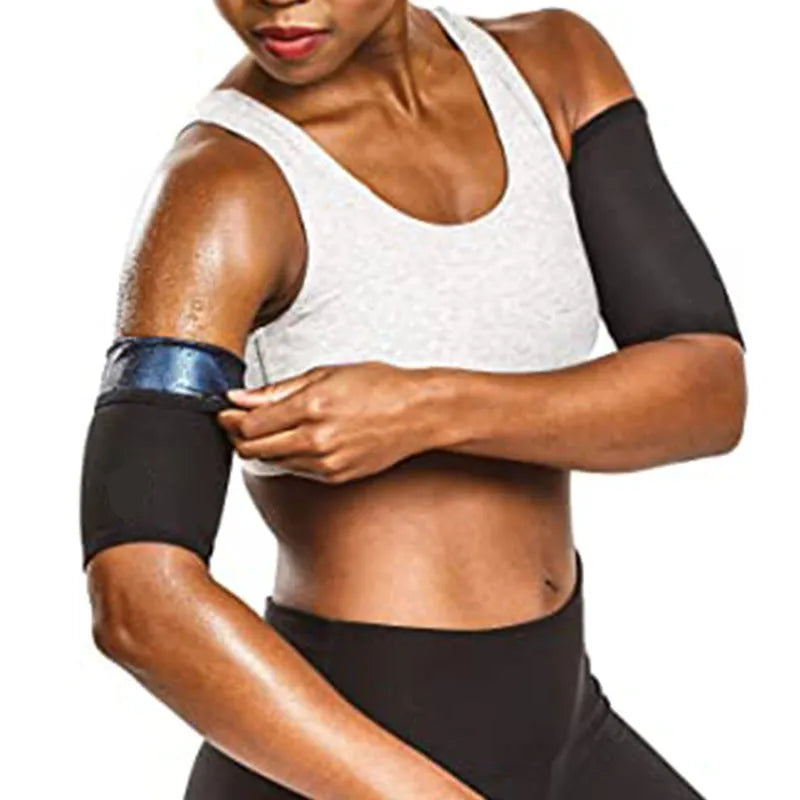 Adjustable arm sweatband in blue colour with binding strap, shown on an arm.