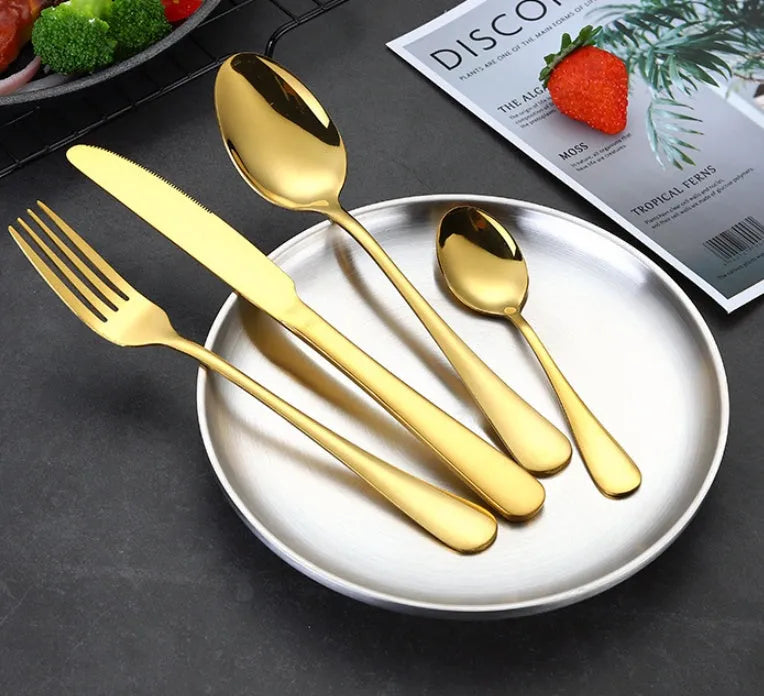 24-piece stainless steel tableware set including knives, forks and spoons in various colour options
