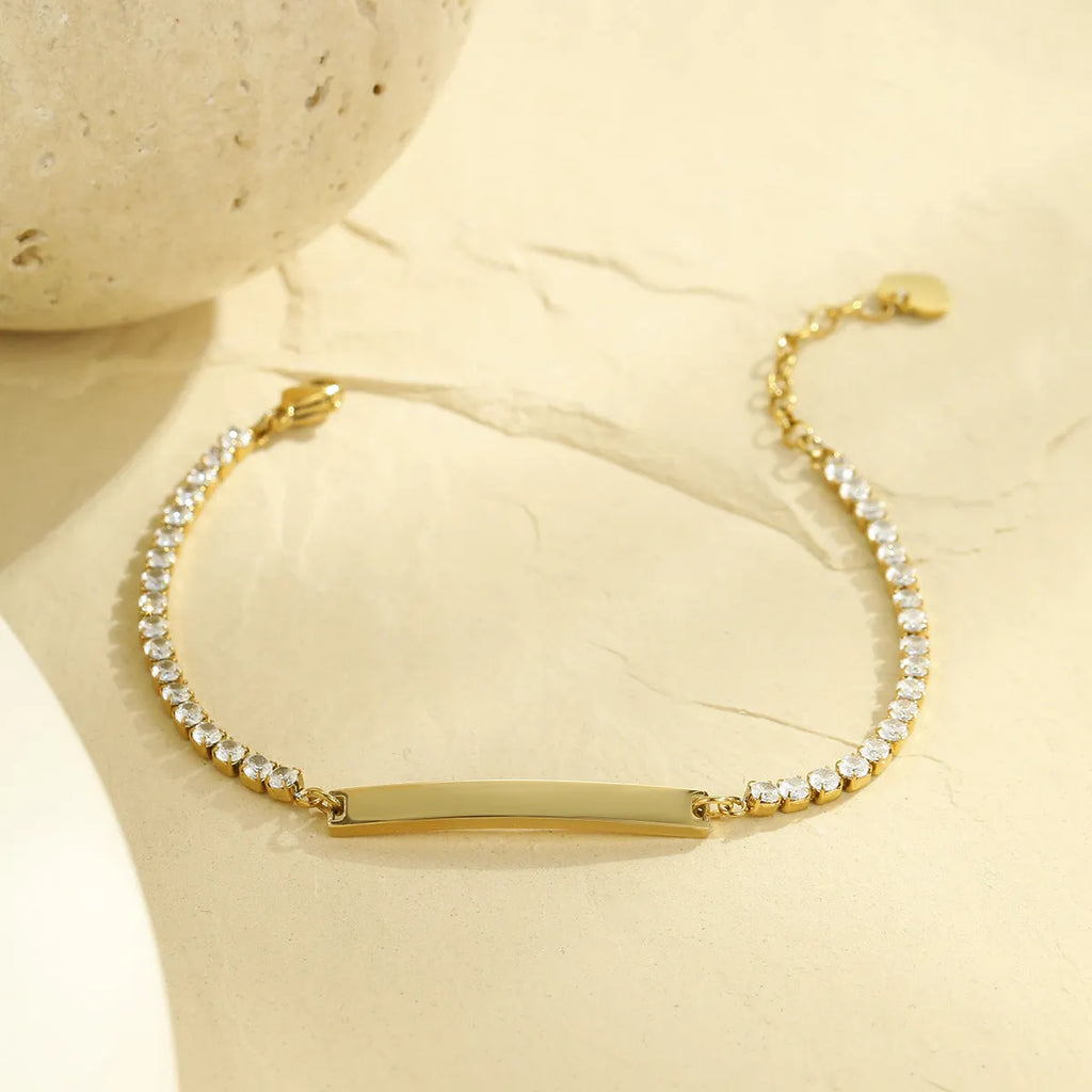 18K gold finish stainless steel diamond-embedded lettering bracelet with adjustable chain, geometry shape
