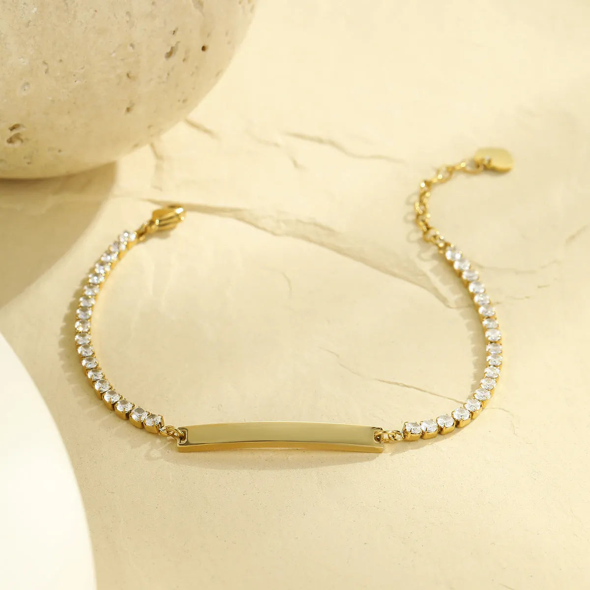 18K gold finish stainless steel diamond-embedded lettering bracelet with adjustable chain, geometry shape