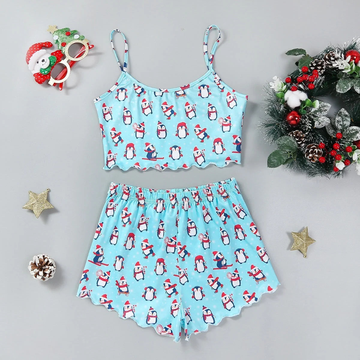 Women's Christmas-themed milk silk pajamas set with sleeveless top and shorts