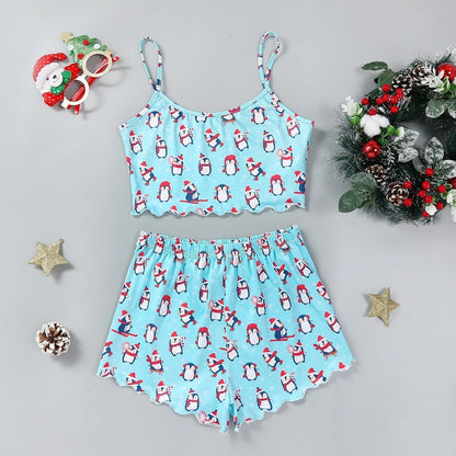 Women's Christmas-themed milk silk pajamas set with sleeveless top and shorts