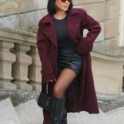Women's wine red woolen trench coat with double-breasted design and adjustable belt