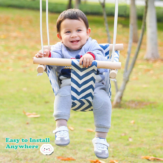 Infant hanging chair with folding canvas swing in blue and white waves