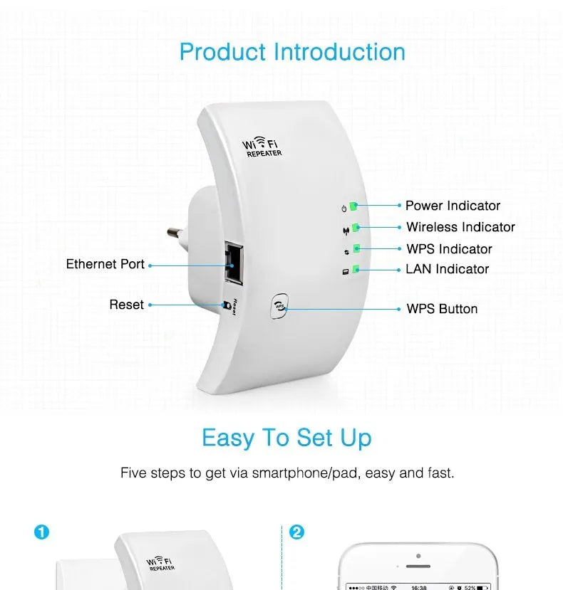 EASYIDEA WR101000 300Mbps 2.4G WiFi Repeater in black with EU plug, front view showing WPS button and ports