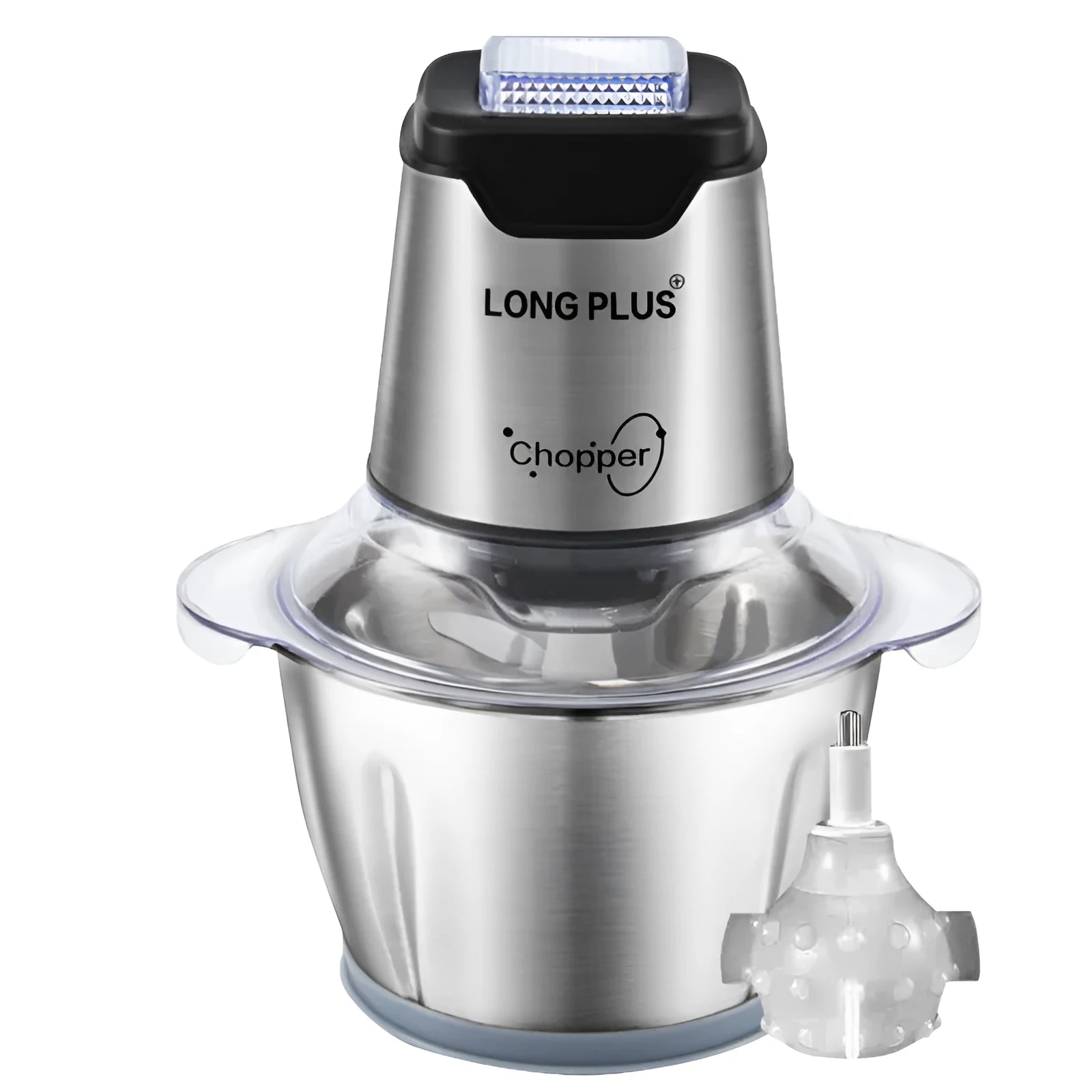 LONG PLUS white electric meat grinder and garlic peeler appliance on a kitchen counter