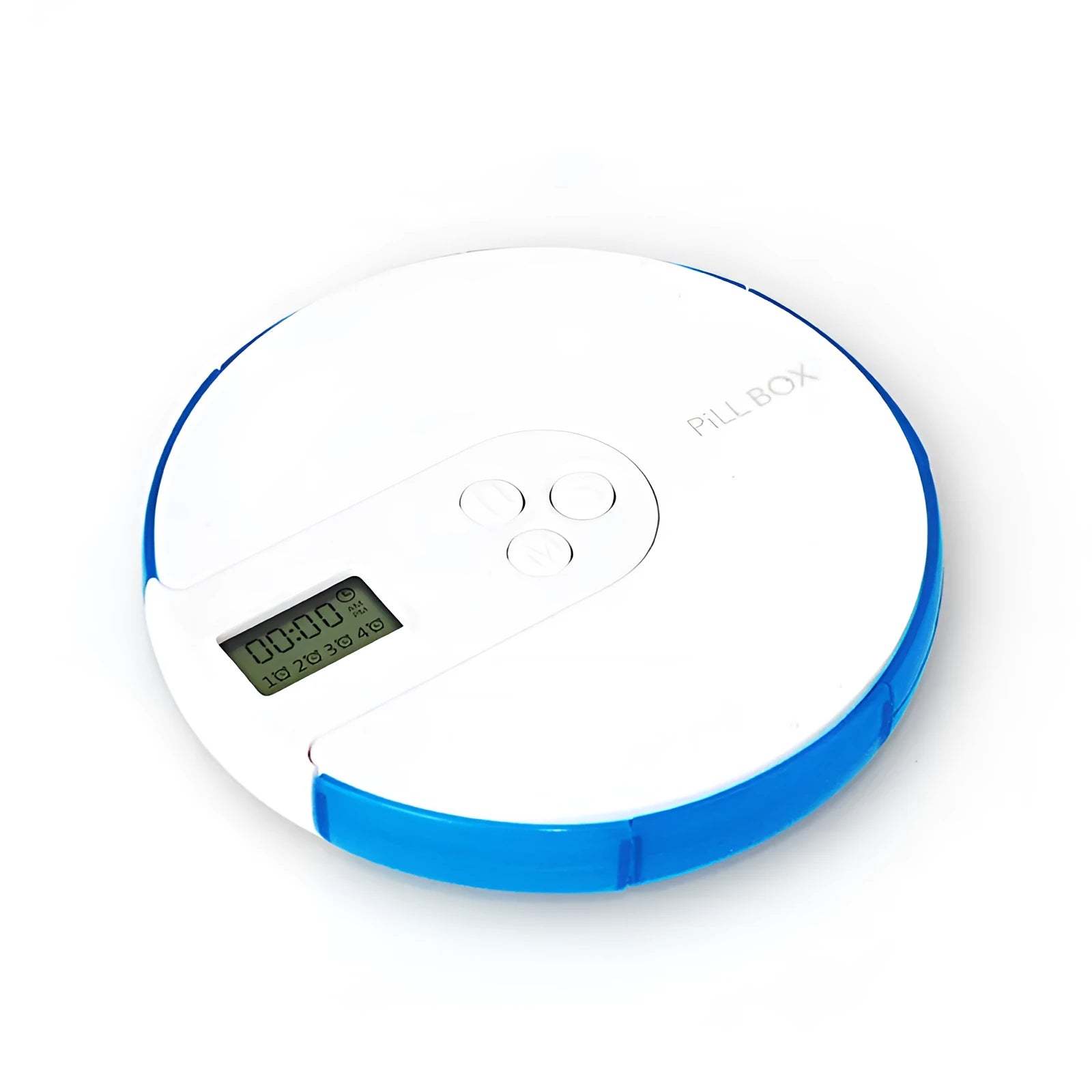 A compact blue alarm clock pill dispenser with seven compartments and an LED time display.