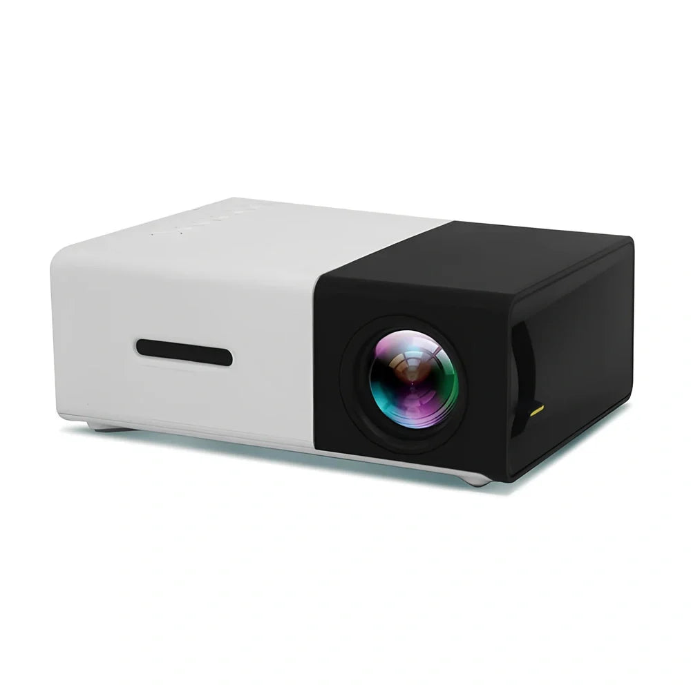 Yellow 1080P LED mini projector with HDMI ports, projecting 80-inch image from 1.2m distance