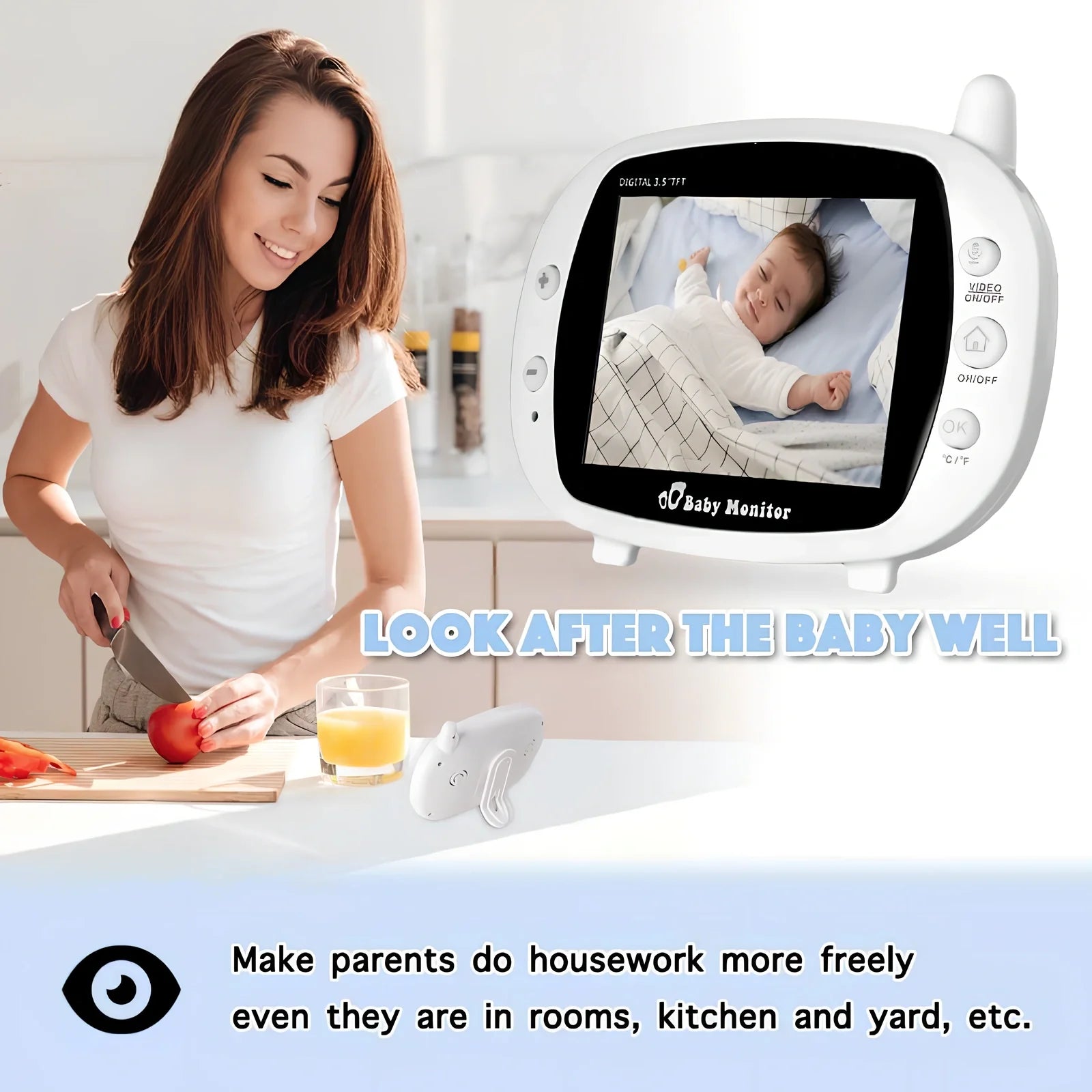 White 3.5 inch wireless baby monitor with night vision camera and temperature display