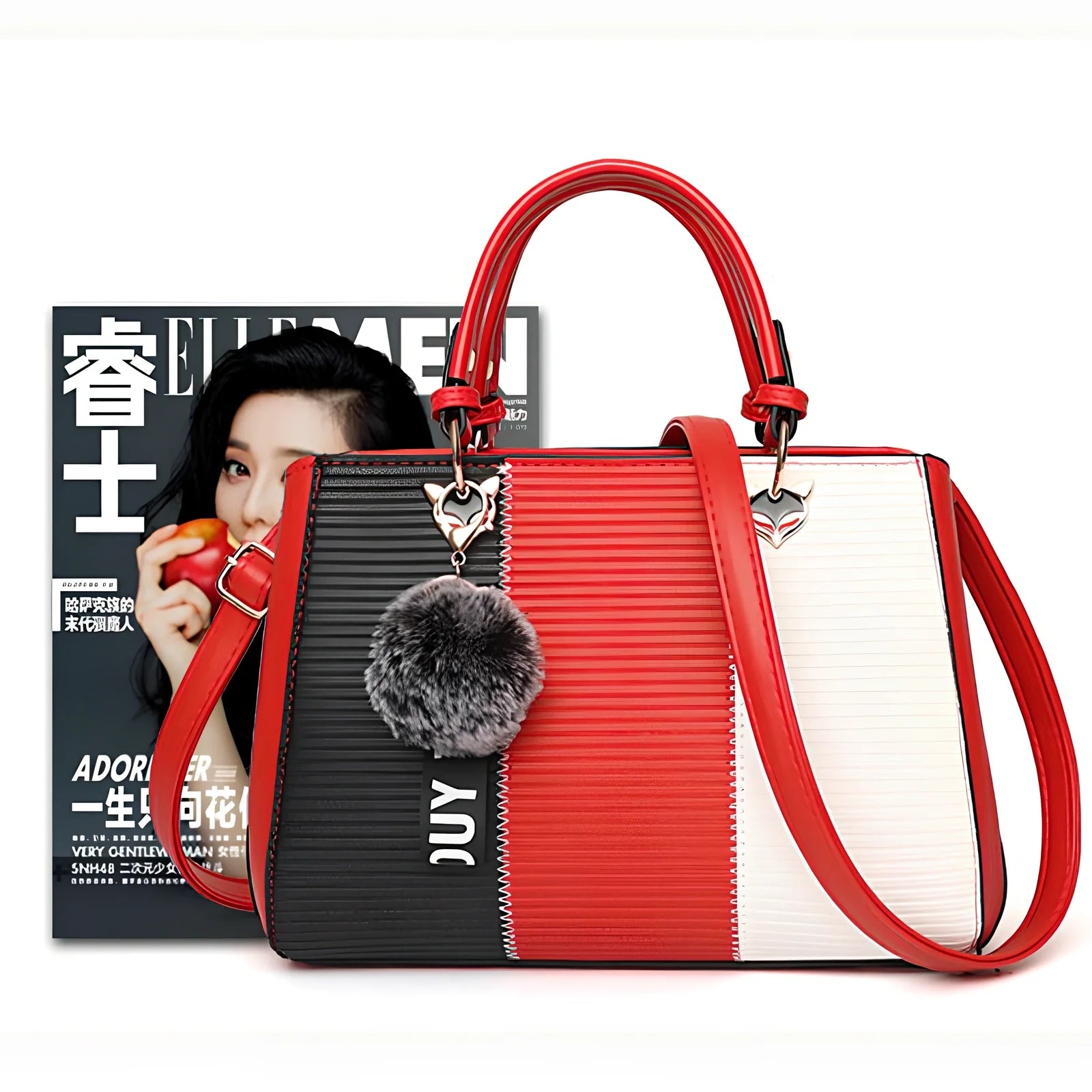 Women's grey PU leather patchwork messenger bag with crossbody strap and magnetic closure