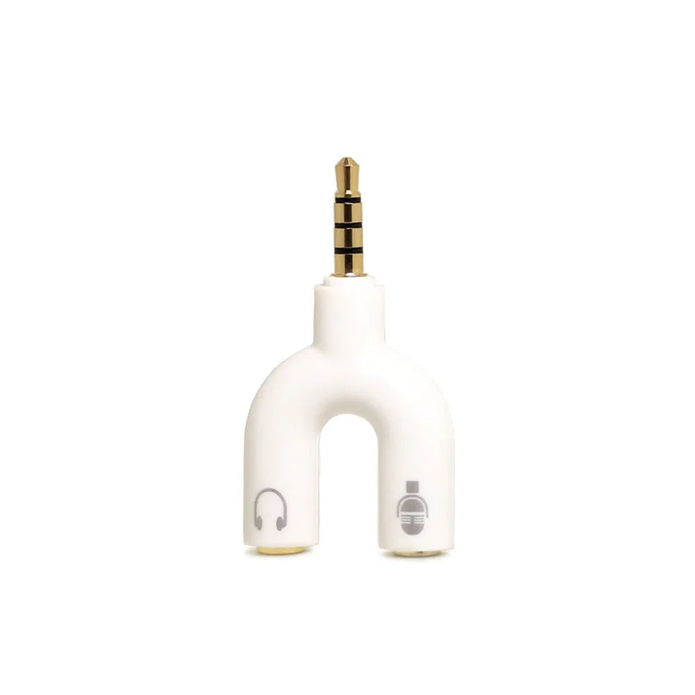 3.5mm audio splitter adapter in six colour options showing gold-plated connections