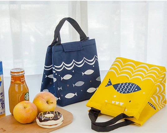 Insulated picnic mini handbag in yellow, light grey, dark grey, and navy blue with cartoon design