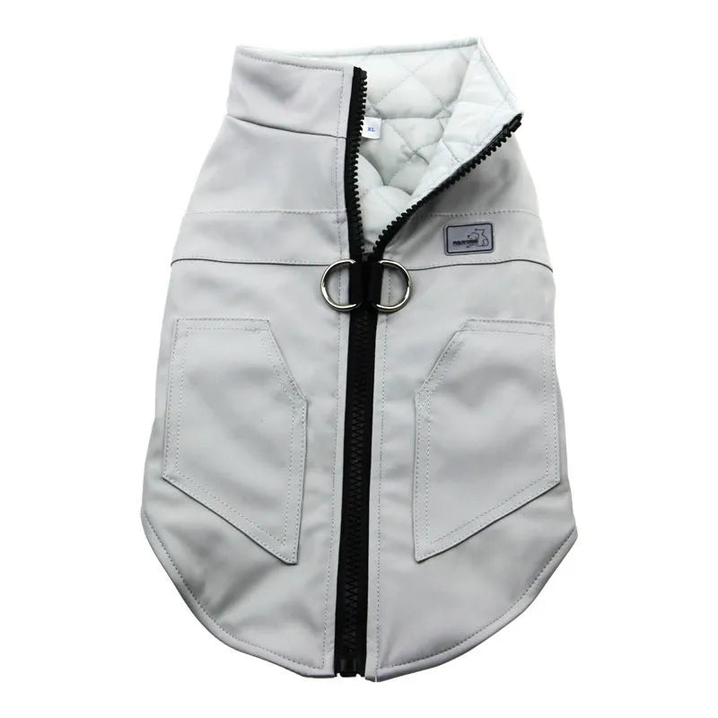 Grey leather winter vest for dogs and cats with casual style and adjustable fit