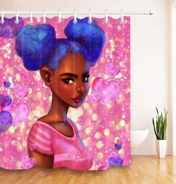 Colorful African girl portrait with graffiti art and modern buildings on a shower curtain