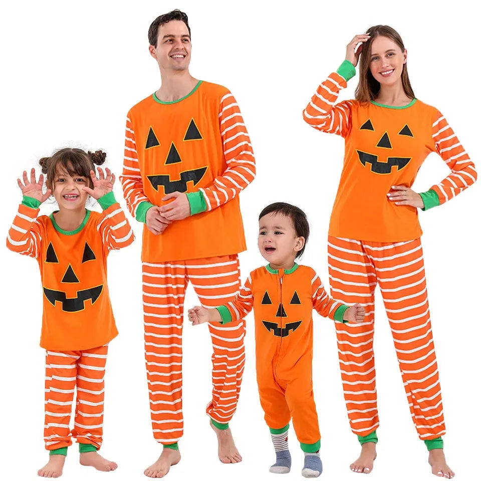 Orange cartoon print polyester family Halloween pajama set for parents and children