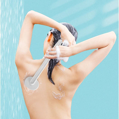 Multifunctional detachable shower brush in yellow, grey, green, and pink with ergonomic handle