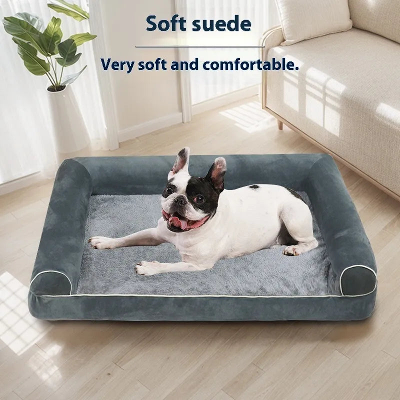 Square blue sponge dog bed insert for crates, showing breathable cloth material and dimensions.