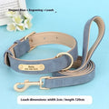 A brown double-layer leather dog collar with a matching lead, shown with size tags S, M, L, XL.