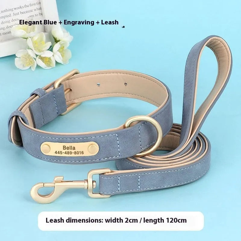 A brown double-layer leather dog collar with a matching lead, shown with size tags S, M, L, XL.