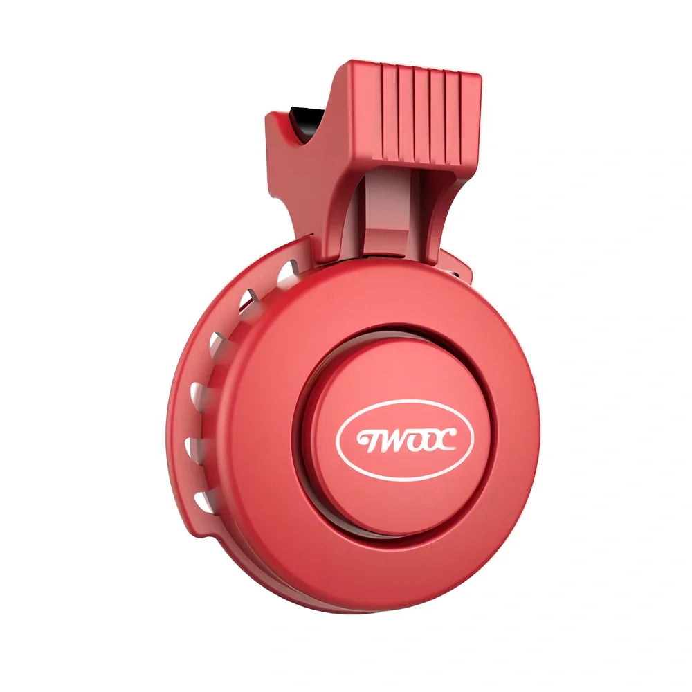 Compact black TWOOC T-002 bicycle electronic horn with wired switch, 110-120dB sound modes, mounted on handlebar via rubber strap