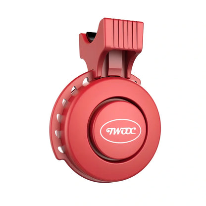 Compact black TWOOC T-002 bicycle electronic horn with wired switch, 110-120dB sound modes, mounted on handlebar via rubber strap