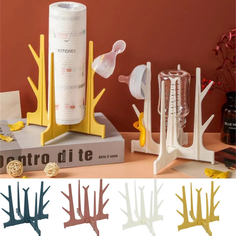 Creative tree branch design baby bottle drying rack in blue, yellow, white, and nude colours