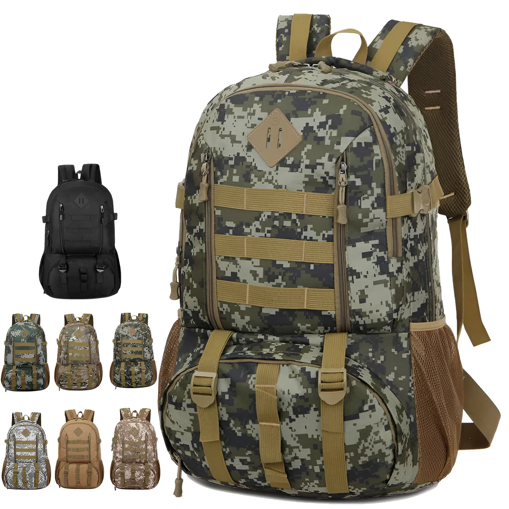 50L camouflage outdoor mountaineering backpack with Oxford cloth construction on rocky terrain