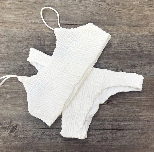 Women's army green pleated triangle bikini with steel wire support and adjustable ties