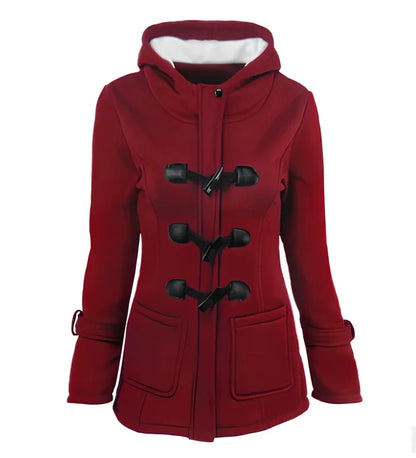 Women's green long down parka with fur collar, horn buttons, and hood - medium 65-80cm length, slim fit for winter