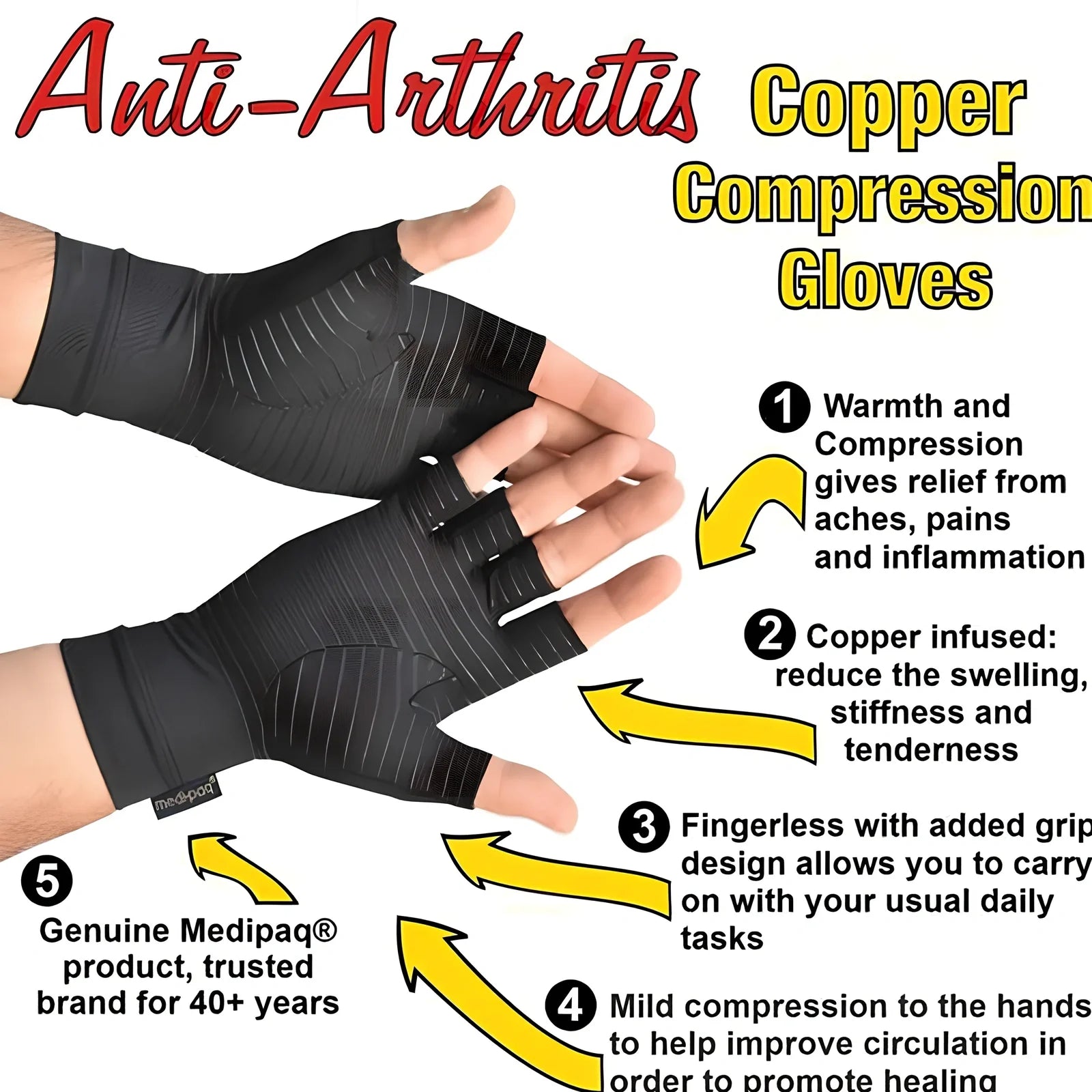 Black full-finger arthritis pressure gloves with silicone grip, sizes S M L for hand pain relief and circulation