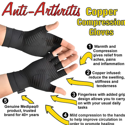 Black full-finger arthritis pressure gloves with silicone grip, sizes S M L for hand pain relief and circulation