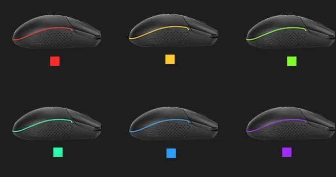 Black wired gaming mouse with nine buttons and four-way scroll wheel on a desk